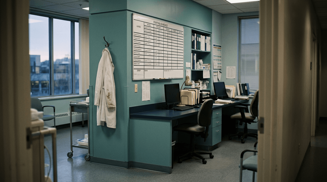 A quiet outpatient clinic workroom with a partly filled staffing board, empty workstations, and a white coat hanging by the door.