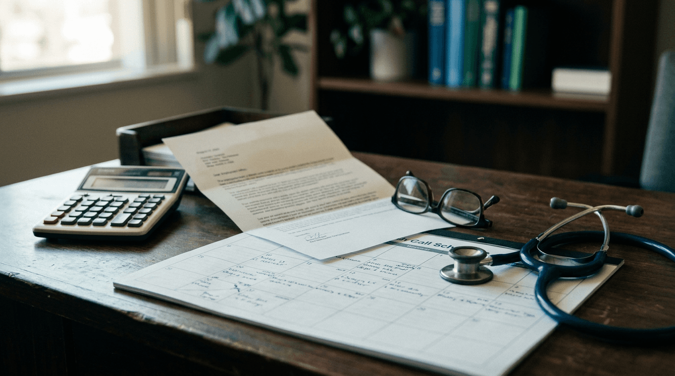 An employment offer document lies open on a desk beside a calculator, a call schedule calendar, reading glasses, and a stethoscope.