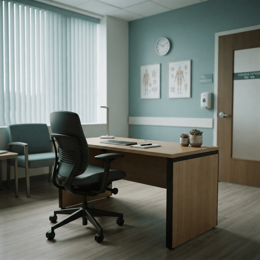An empty consultation room with a vacant chair behind a clean desk, lit by soft daylight