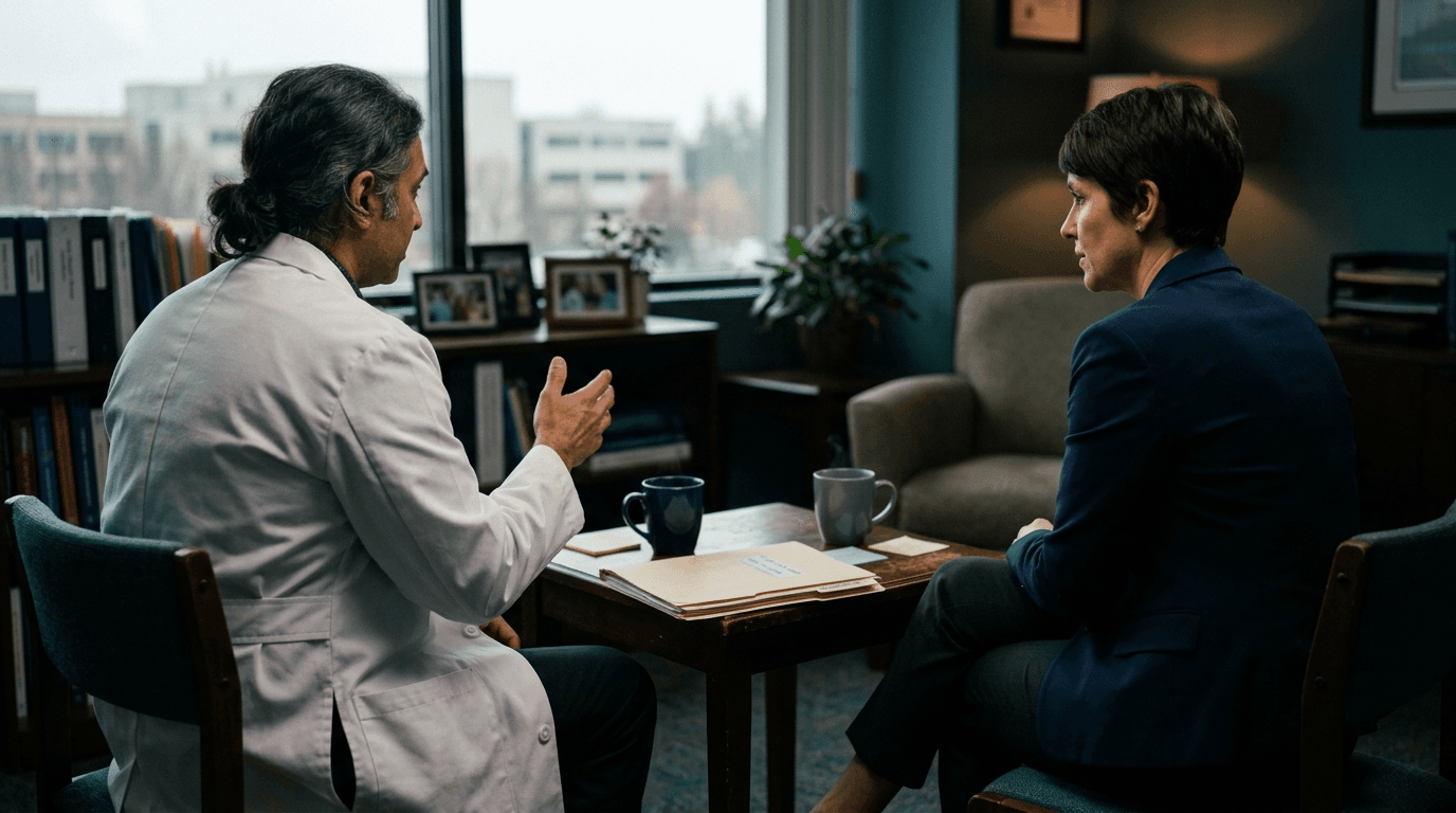 A physician in a white coat and an administrator in a navy blazer talk across a small table in a hospital office, seen from behind.
