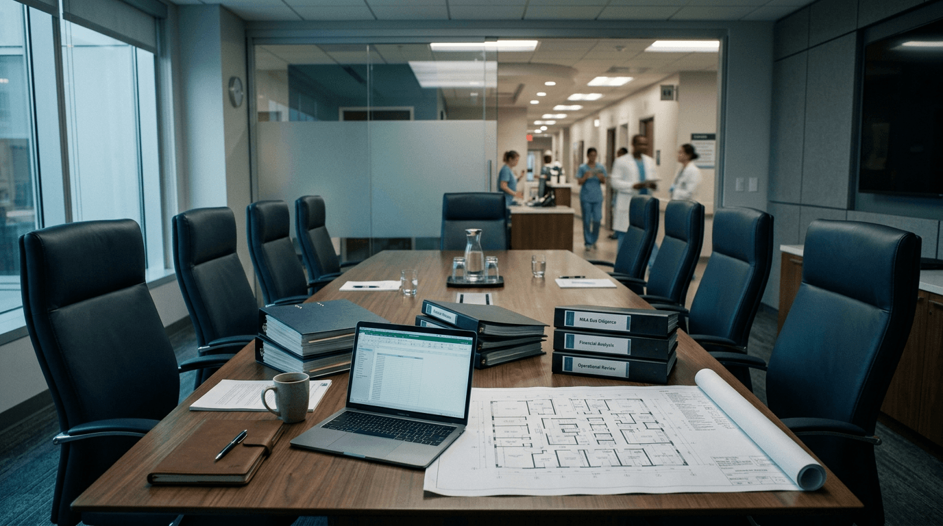 A medical group boardroom table with due diligence binders, a practice floor plan, and a laptop, with a clinic hallway visible through a glass wall.
