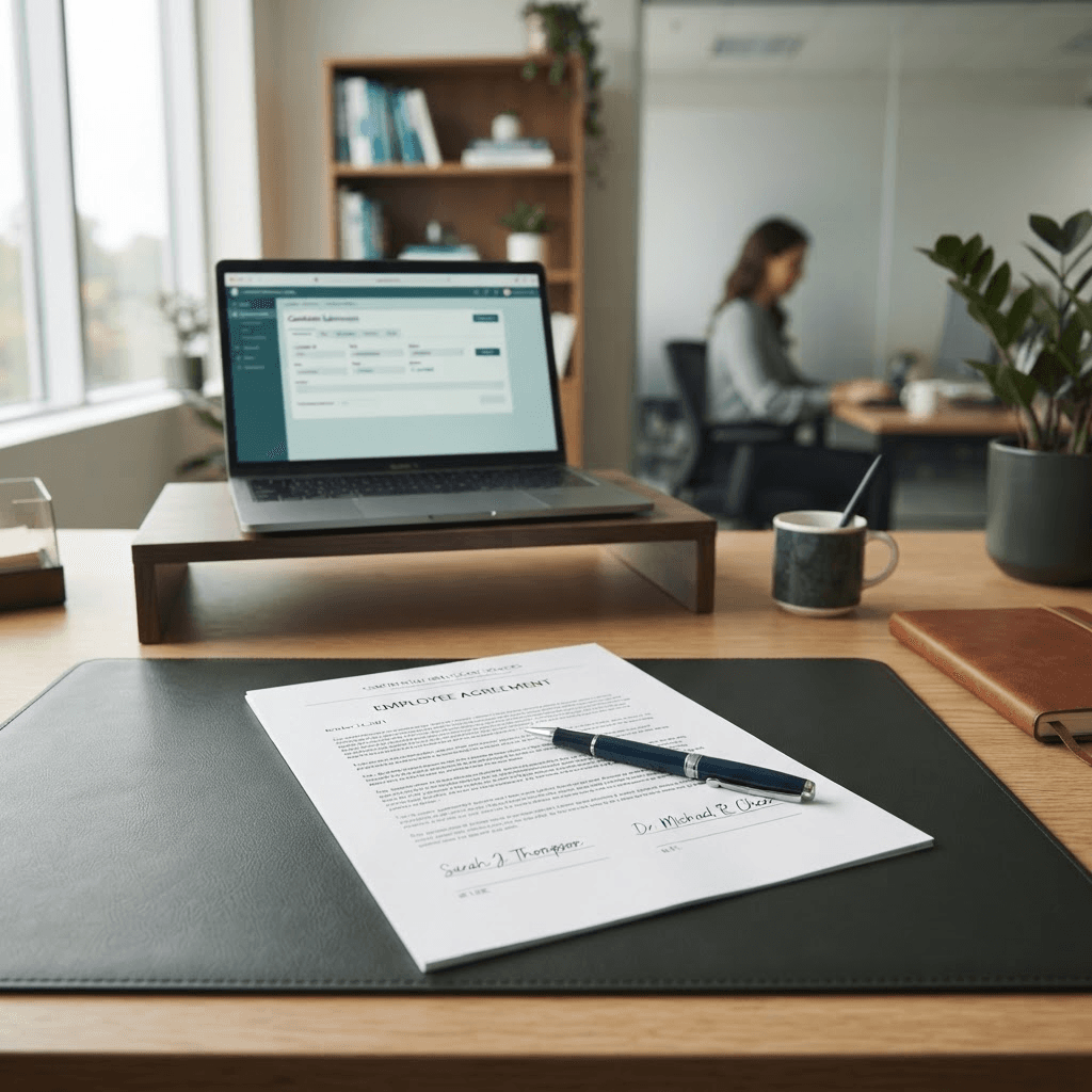 A signed placement agreement and pen on a desk beside a laptop showing a candidate submission