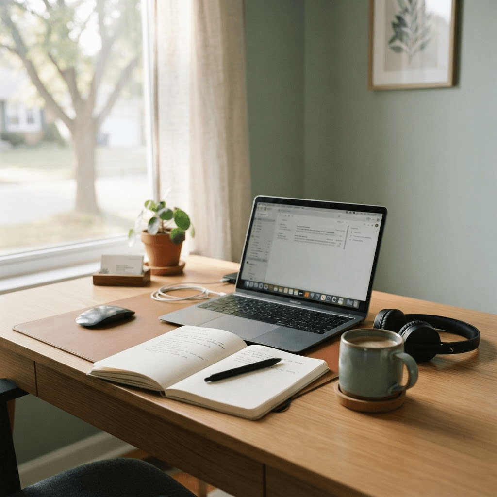 An independent recruiter's tidy home office desk with a laptop, headset, notebook, and coffee