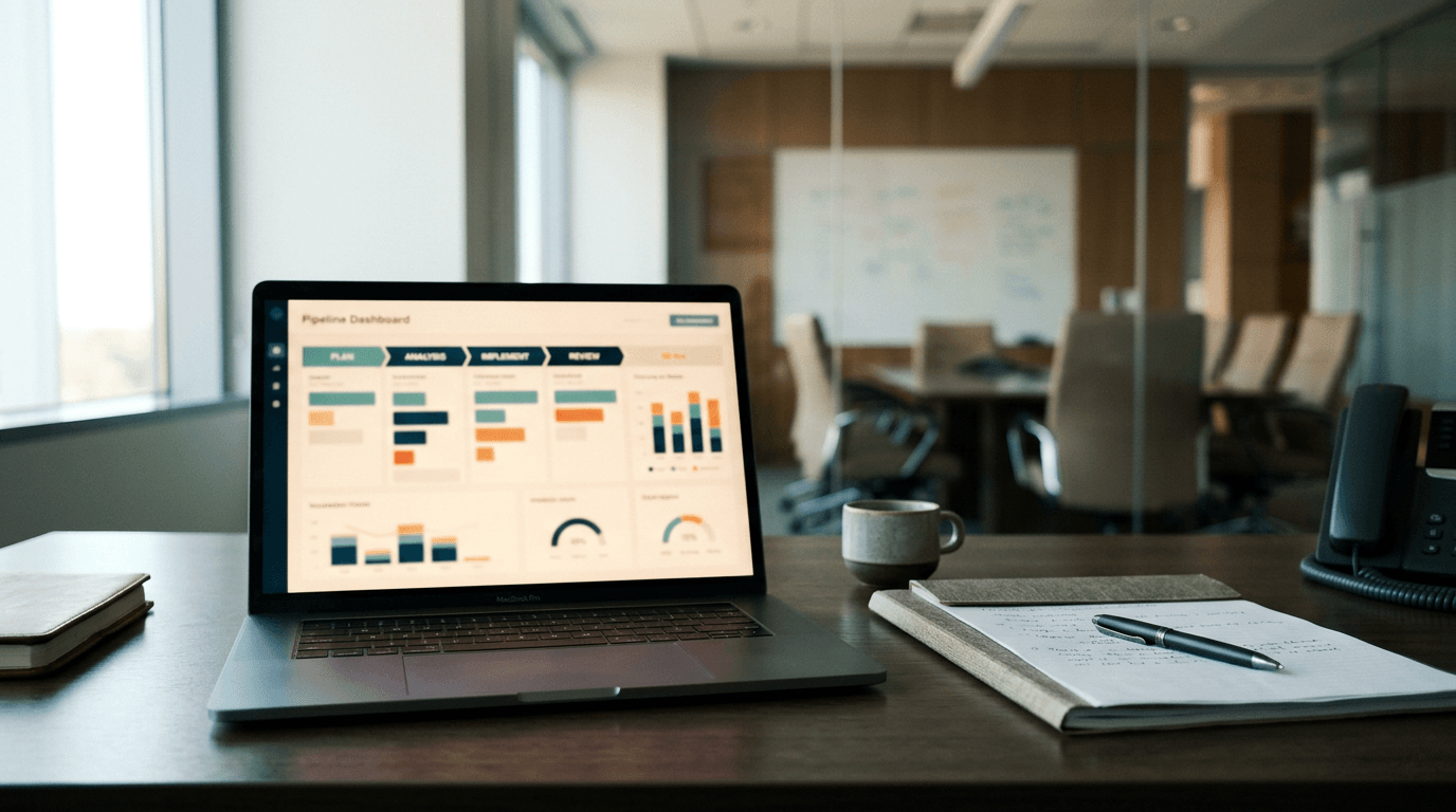 A laptop on a hospital administrator's desk shows a recruitment pipeline dashboard beside a printed report, with a conference room behind.
